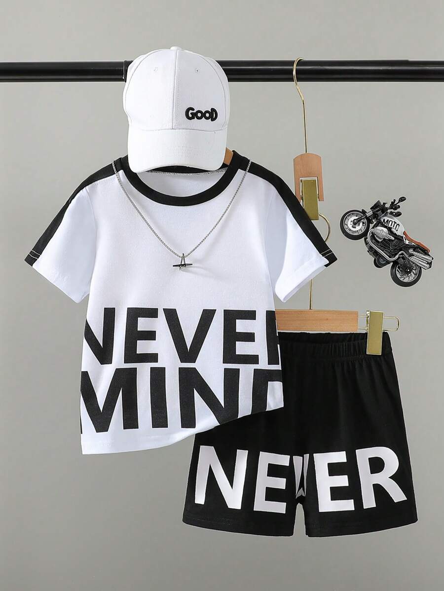 SHEIN Young Boy Casual Letter Print Splicing Short Sleeve T-Shirt And Shorts Set, Spring/Summer,Holiday,Summer,Travel