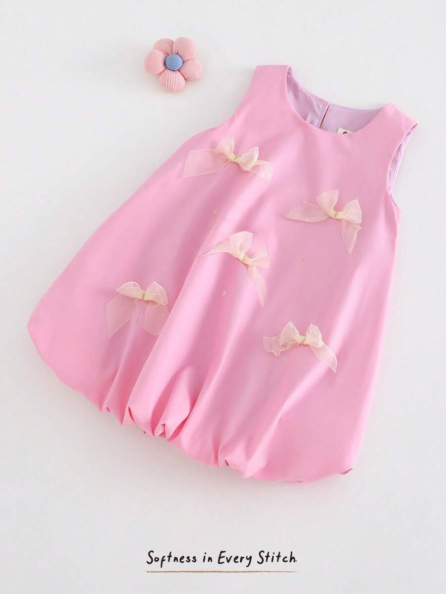 Cozy Pixies Newborn Baby Girl Bow Decor Round Neck Sleeveless Cinched Waist Dress