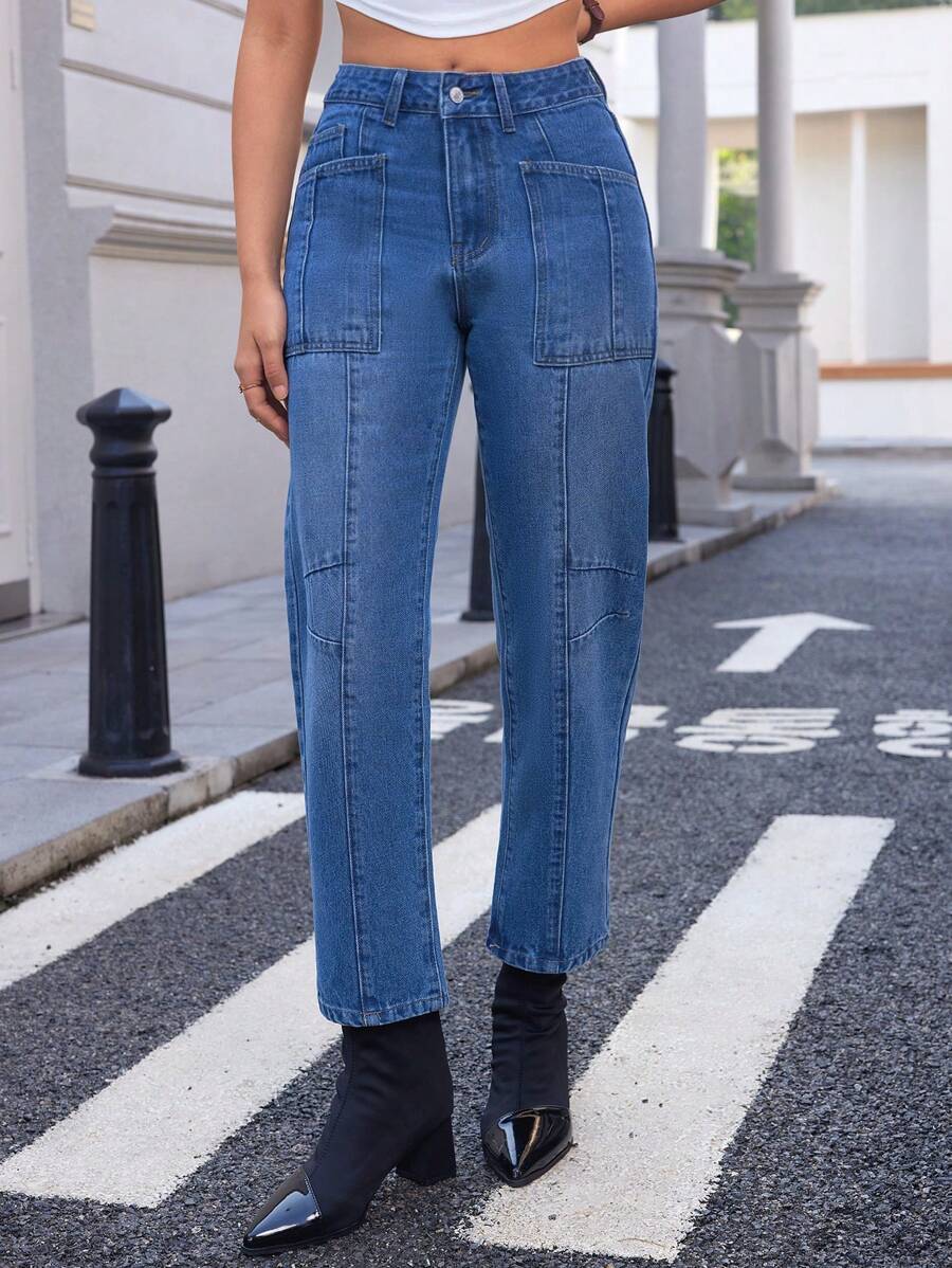 SHEIN Essnce Jeans de mezclilla de mujer con silueta acampanada de moda casual y personalizada