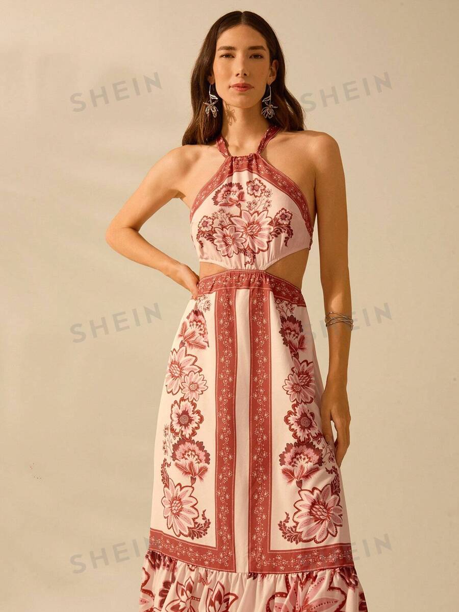 CAJUNI Vestido largo de verano casual con estampado floral tropical bohemio, escote halter, espalda abierta con cordón en la cintura, ideal para playa y vacaciones