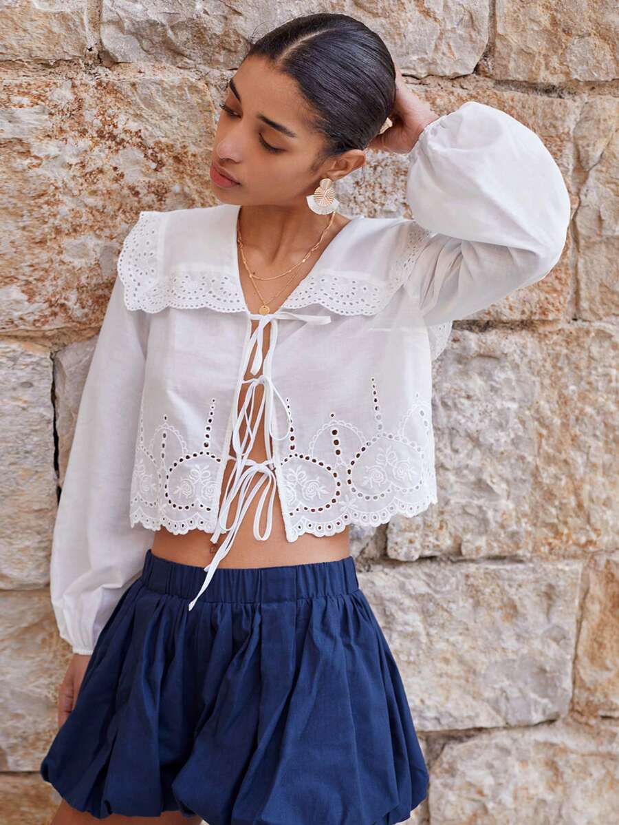 Maija Women's White Embroidered & Laser Cut Collared Top With Ruffle Sleeve Cuffs & Hem, Tie Front, Fashion Casual Beach Vacation Bohemian Style Blouse