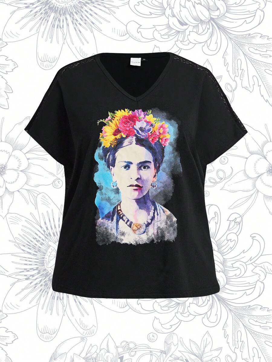 Frida Kahlo X SHEIN Plus Size Letnia, swobodna, kontrastowa, koronkowa, graficzna koszulka T-shirt