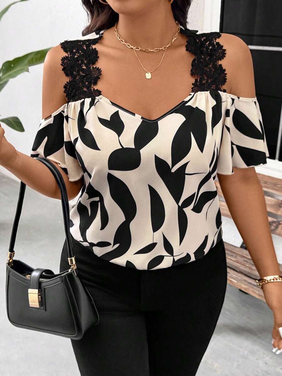 SHEIN Frenchy Blusa elegante de talla grande con estampado floral, hombros descubiertos, volantes y empalmes, nueva llegada de primavera/verano