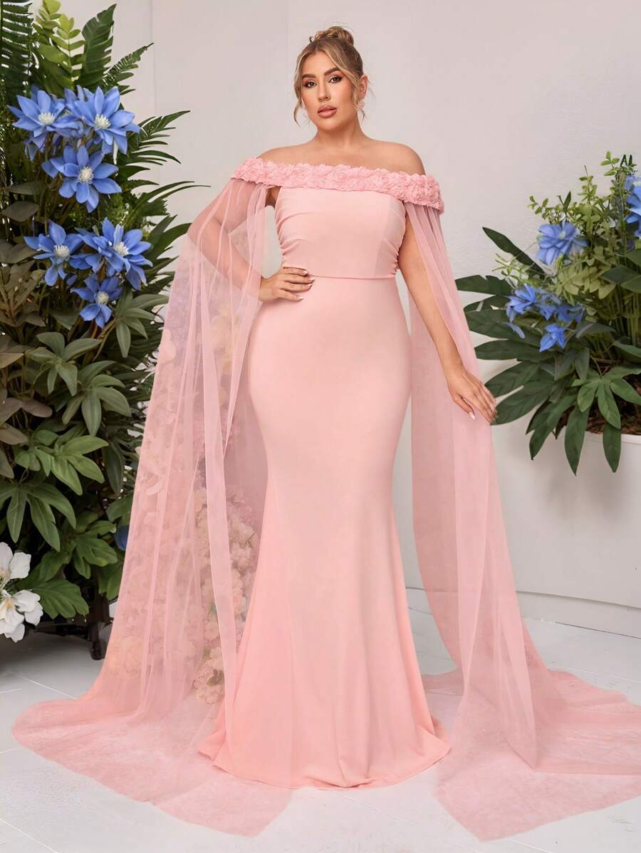 SHEIN Belle Plus Size Elegant Minimalist Pink Flounce Off Shoulder Neck Floral Embellished Long Flared Hem Bridesmaid Dress