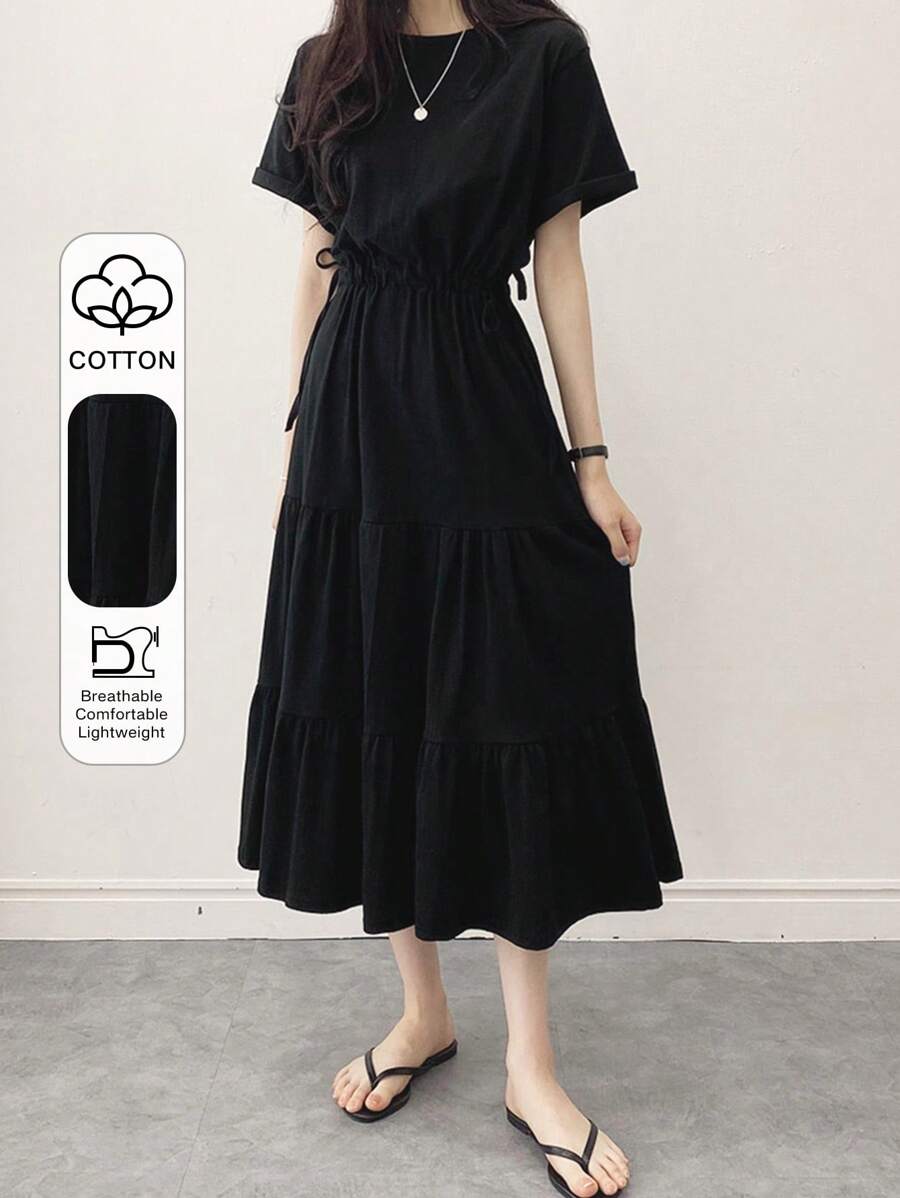 DAZY Solid Drawstring Waist Layered Hem Dress,Ladies Casual Drawstring,Ruffle Hem Short Sleeve Round Neck Regular Fit Long Black Roll Up Sleeve Plain A Line Women Long Dresses,Spring/Summer,Casual Daily Wear Sundress
