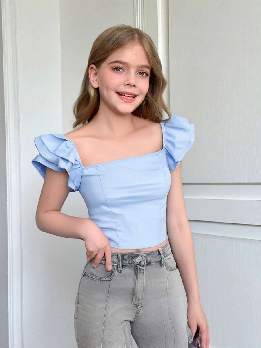 SHEIN Top ajustada de tejido corta con mangas de farol elegante para niñas preadolescentes en vacaciones