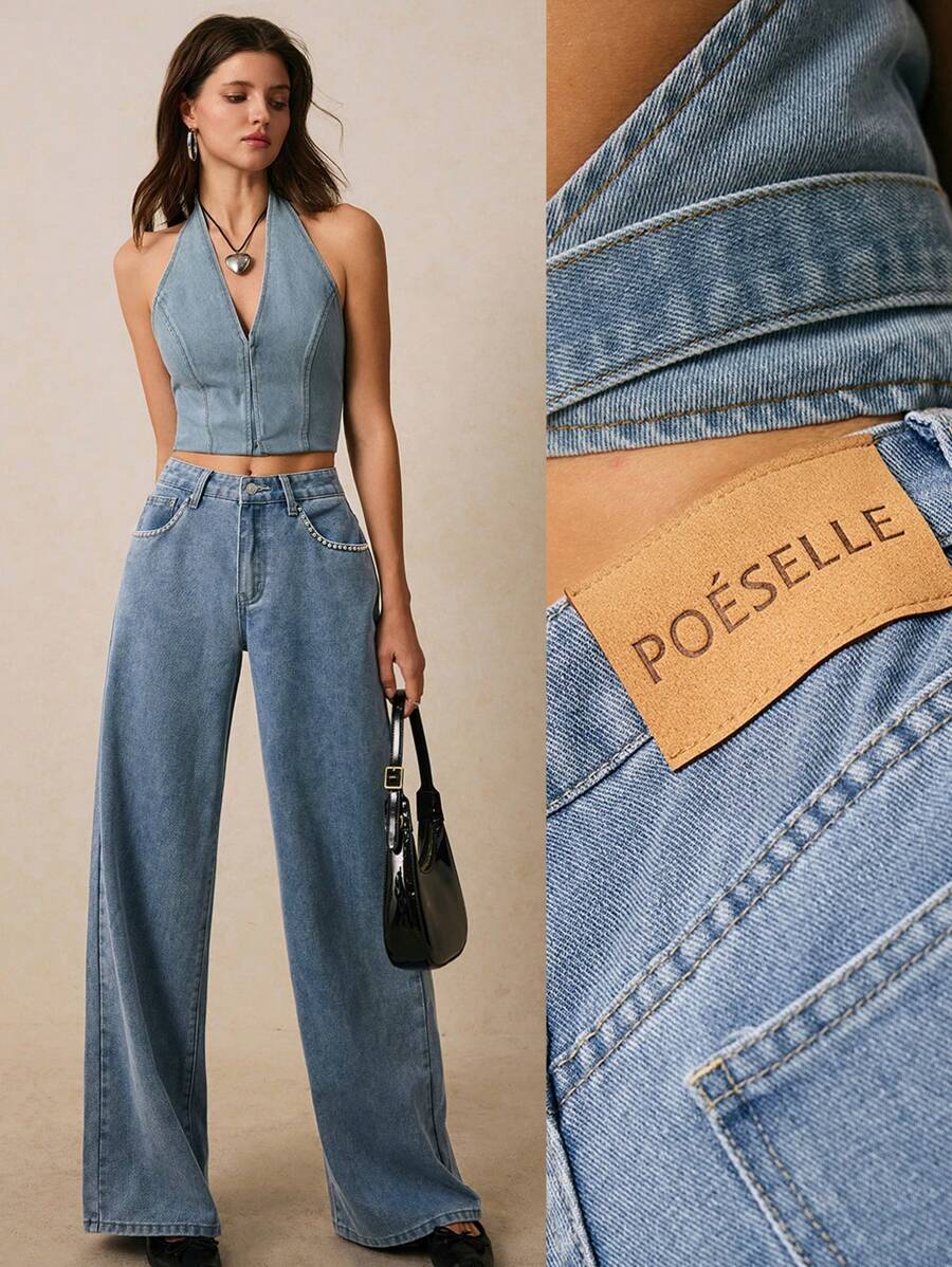 Poéselle Women's Jeans Pocket Rivet Decoration Women's Relaxed Fit Straight Leg Jeans With Pockets Summer Women Outfit Baggy Jeans Summer Clothes Low Rise Jeans Western Wear Women Y2k Spring Women Outfits Baggy Women Jeans Women Clothing Baggy Pants Cowgirl Women Outfits Bottoms Concert Women Outfit Wide Leg Pants Denim Cowgirl