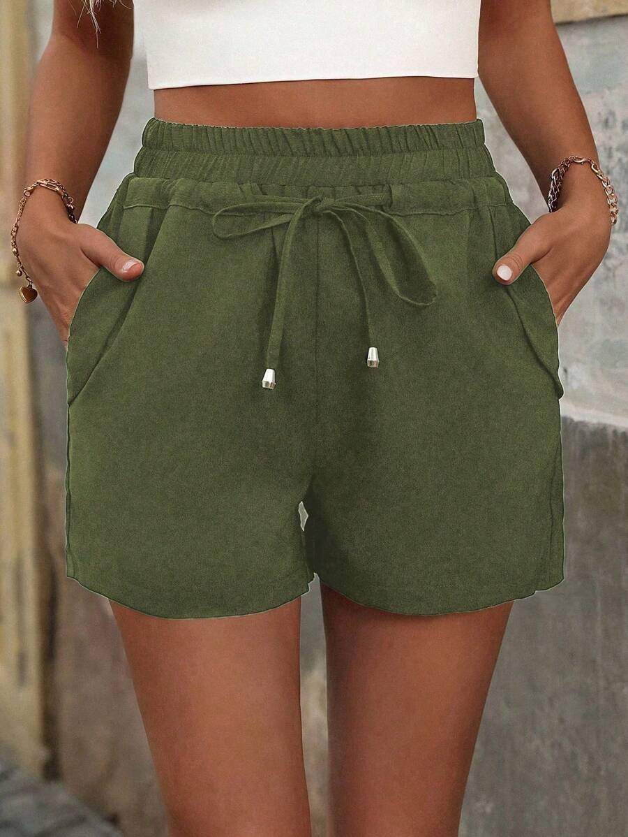 SHEIN LUNE Casual Daily Solid Color Drawstring Elastic Waist Pocket High Waist Shorts