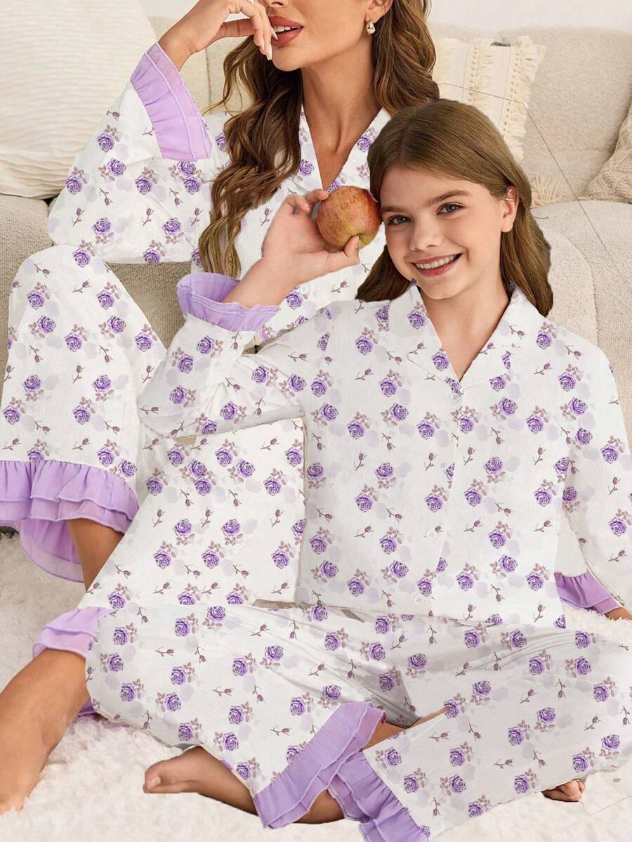SHEIN Tween Girl Tulip Print 2 Pieces Lounge Set With Long Sleeve Top And Pants, Minimalist Design, Purple