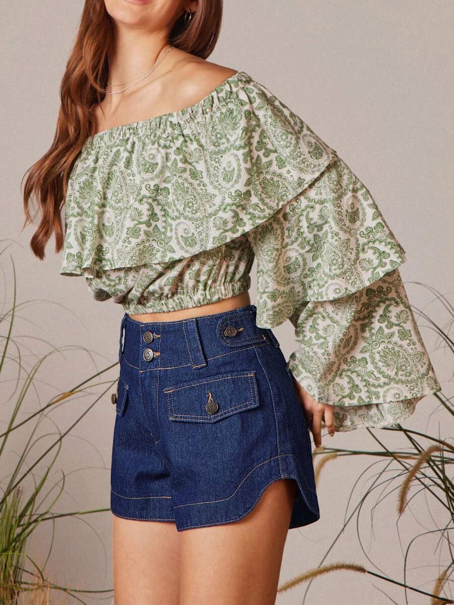WESTFADE High Rise Faux Flap Pockets A Line Denim Split Hem Western Cowgirl Short