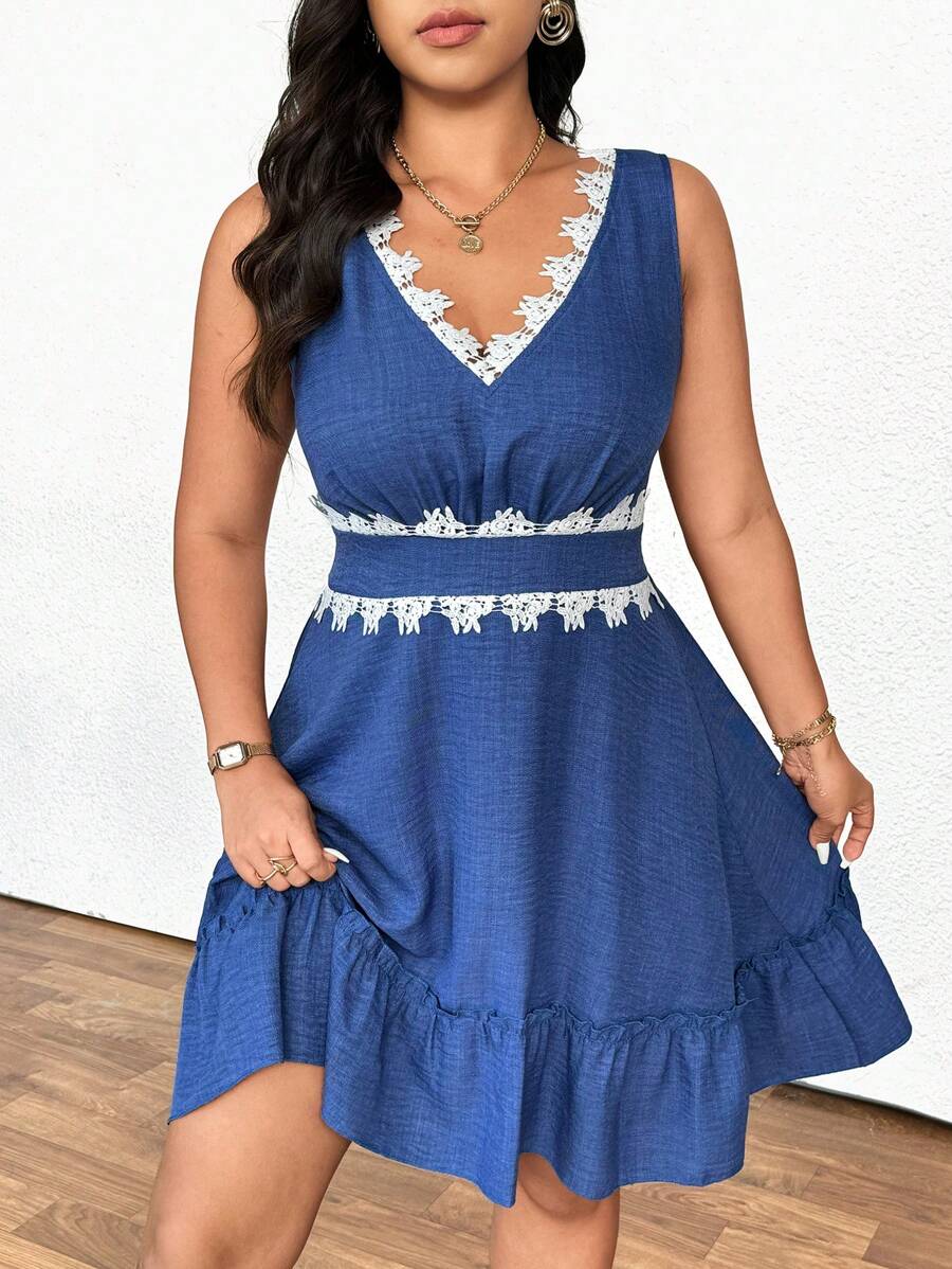 Celure Plus Size V-Neck Lace Sleeveless A-Line Dress