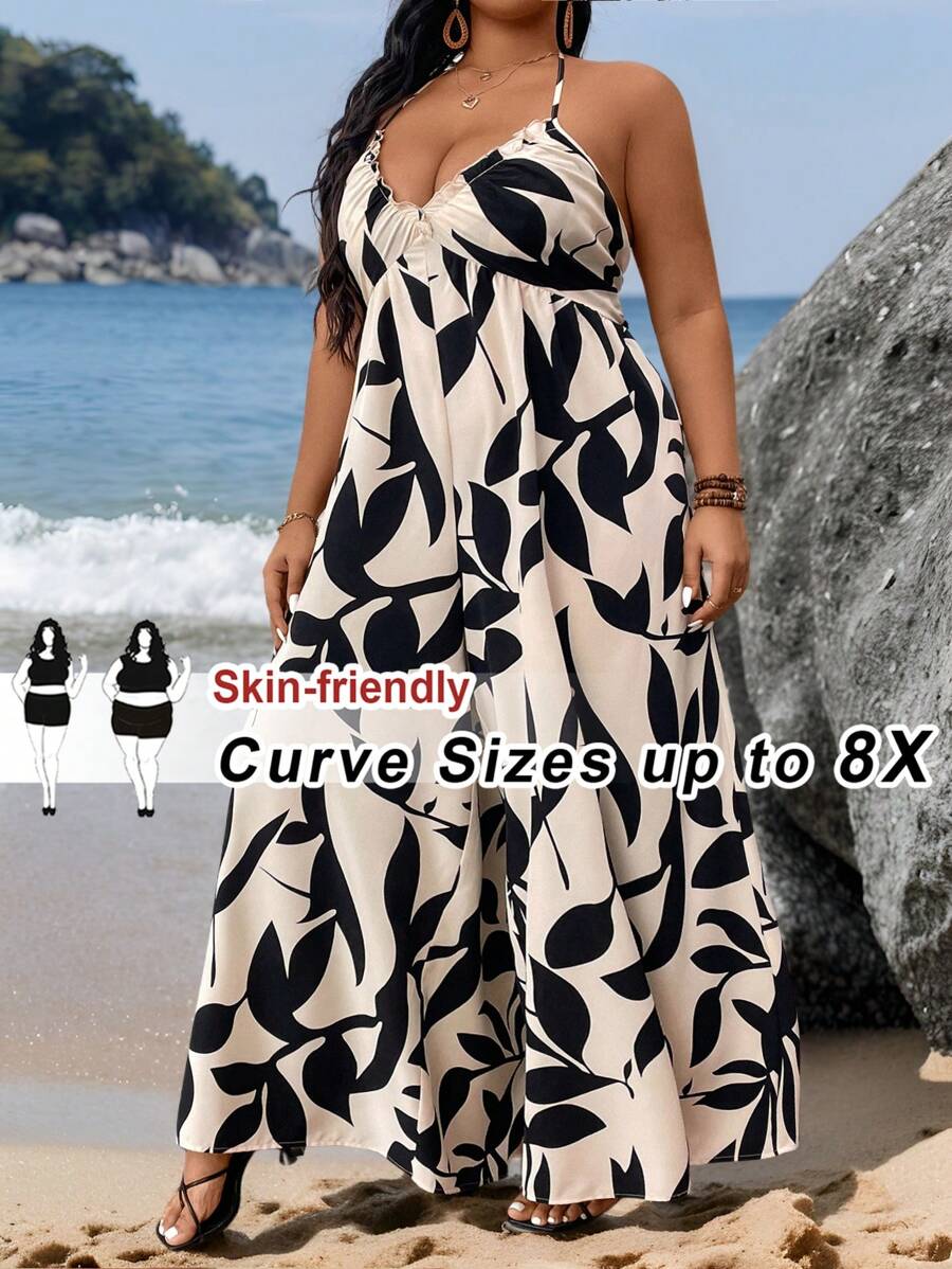 SHEIN CURVE+ Plus Size Green Leaf Print Halter Neck Tied Jumpsuit, Beach Resort Casual Boho Vacation