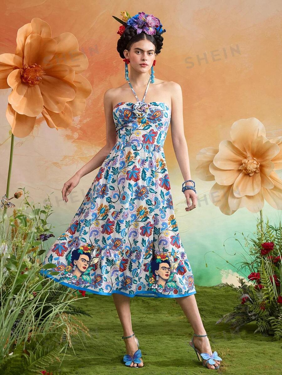 Frida Kahlo X SHEIN Vestido midi elegante de mujer para vacaciones con estampado de flores azules y blancas, cuello halter, volantes en el bajo, estilo romántico para primavera, ideal para Ibiza.