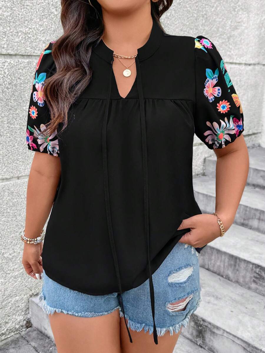 SHEIN LUNE Plus Size Floral Print Splice Cutout Collar Puff Sleeve Shirt, Casual Vacation Top