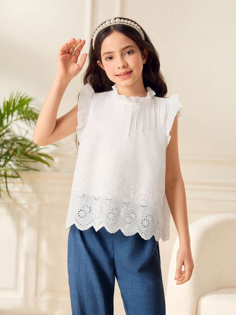 Set de 2 piezas de blusa con bordado y pantalones con dobladillo de volantes de unicolor para niñas preadolescentes