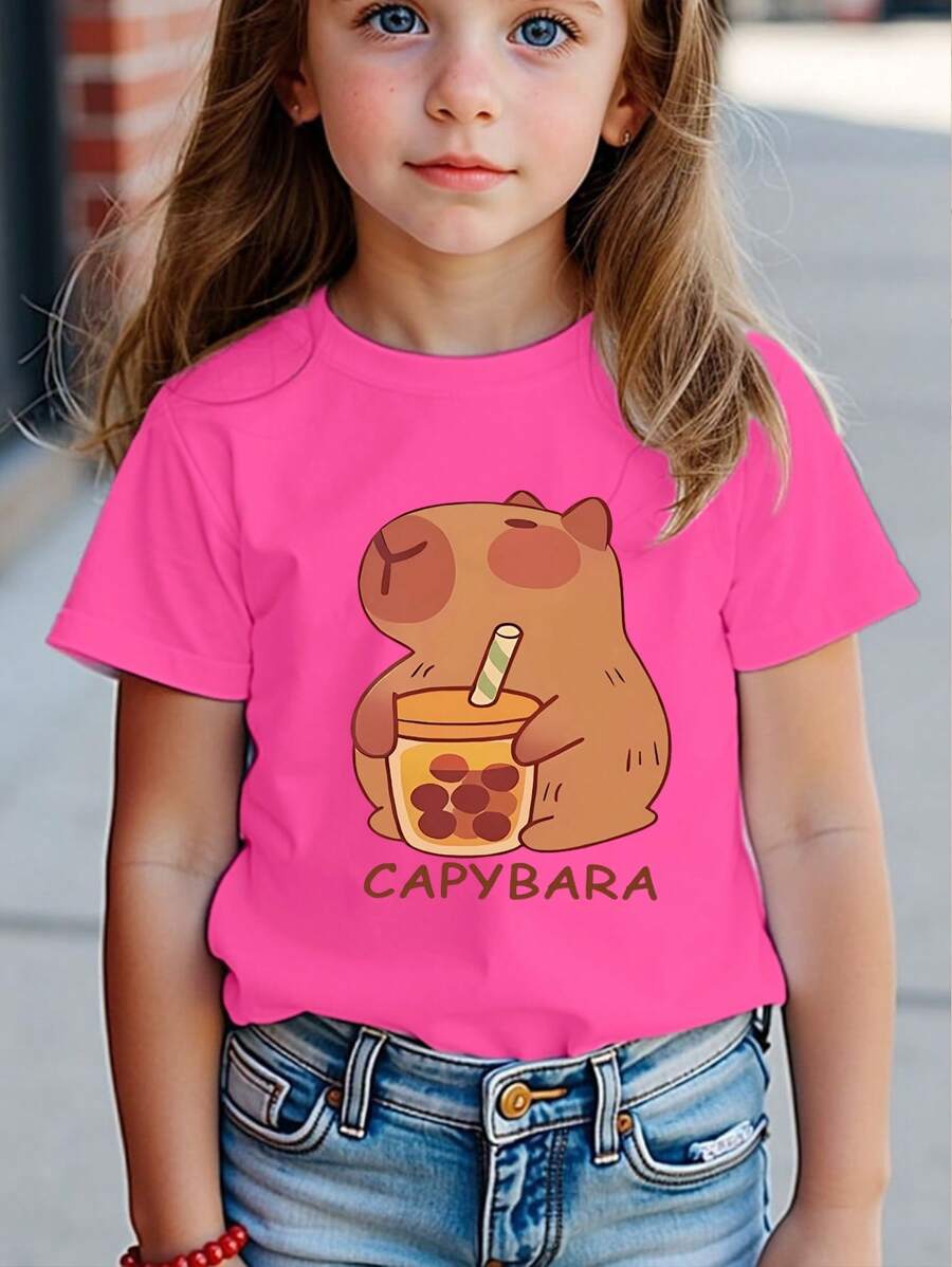 T-shirt à manches courtes avec graphique de capybara/bulle de thé, style casual, à la mode et confortable pour jeune fille, printemps/été