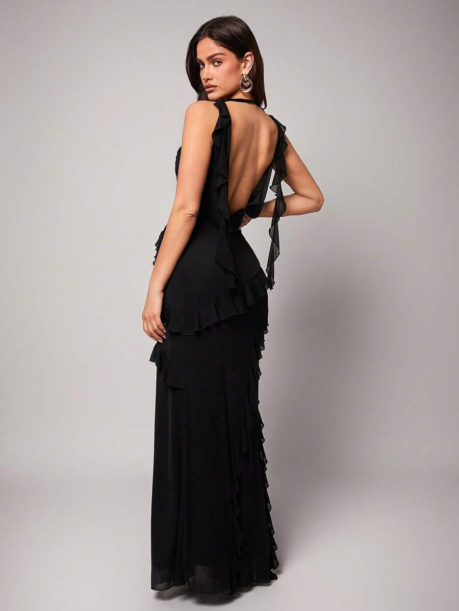Silquee Premium Quality Black Elegant Romantic Multi-Layered Ruffle V-Neck Slit Dress, Sexy Split Dress ,Wedding Bridesmaid, Formal Ball, Casual Work, Birthday, Holiday Outfit, Beach Party Women Evening Gown Women Elegant Dresses Prom Dresses For Woman Women Formal Party Dresses For Women Women Formal Formal Dresses For Women Women Prom Dresses,Bodycon Dress, Black Backless Dress,Holiday Dress Graduation