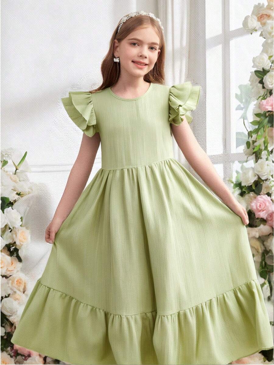 Wildeya Elegantes, minimalistisches Kleid für Tween Mädchen mit Jacquard-Textur und Volantärmeln, geeignet für Sommer und Frühling, für Ausflüge, Dates und Ferien