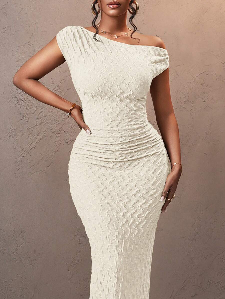 Slaydiva Elegant Sexy Plus Size Women's One Shoulder Textured Striped Dress, Suitable For Christmas, Valentine's Day, Vacation,Graduation Dress