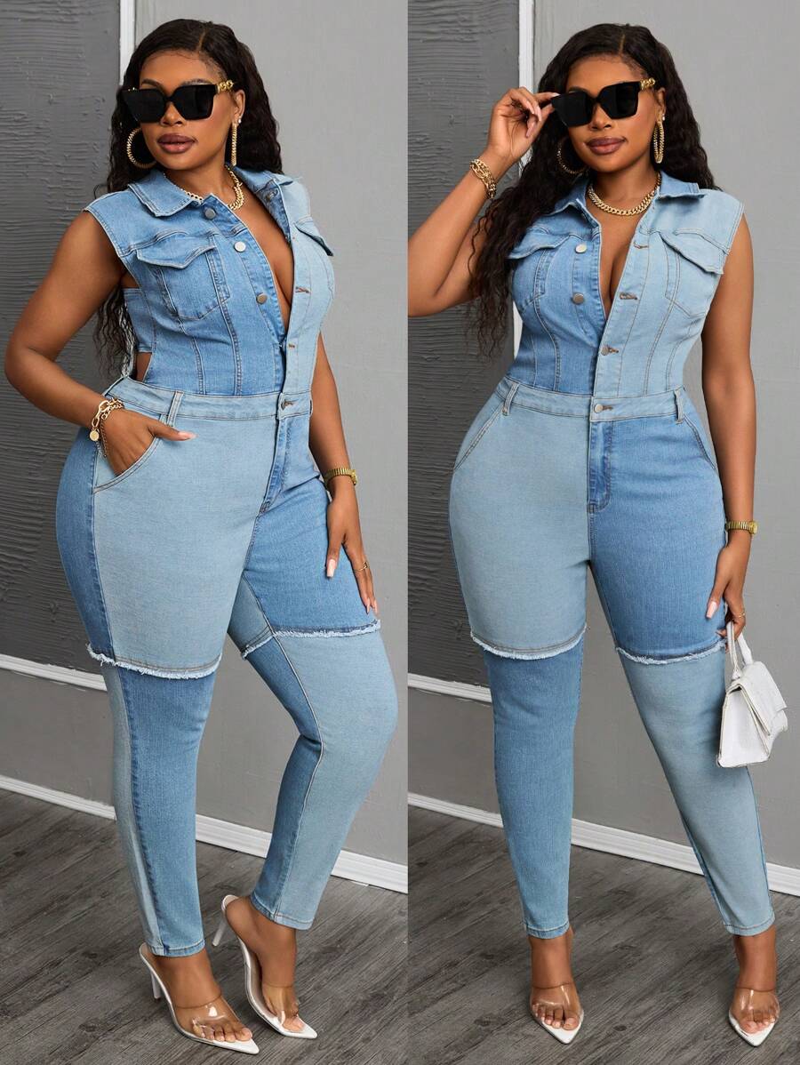 SHEIN SXY Mono de mezclilla vintage lavado de talla grande con diseño elástico y parchwork sexy para mujeres