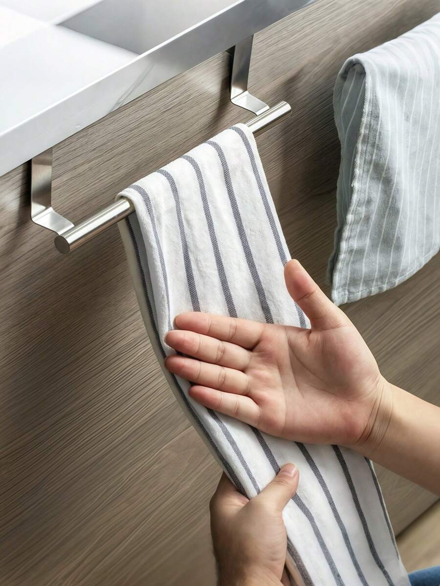 1Pc Rustproof Stainless Steel Towel Bar - No Drilling Wall Mounted, Modern Style, Perfect For Bathroom Door Or Cabinet