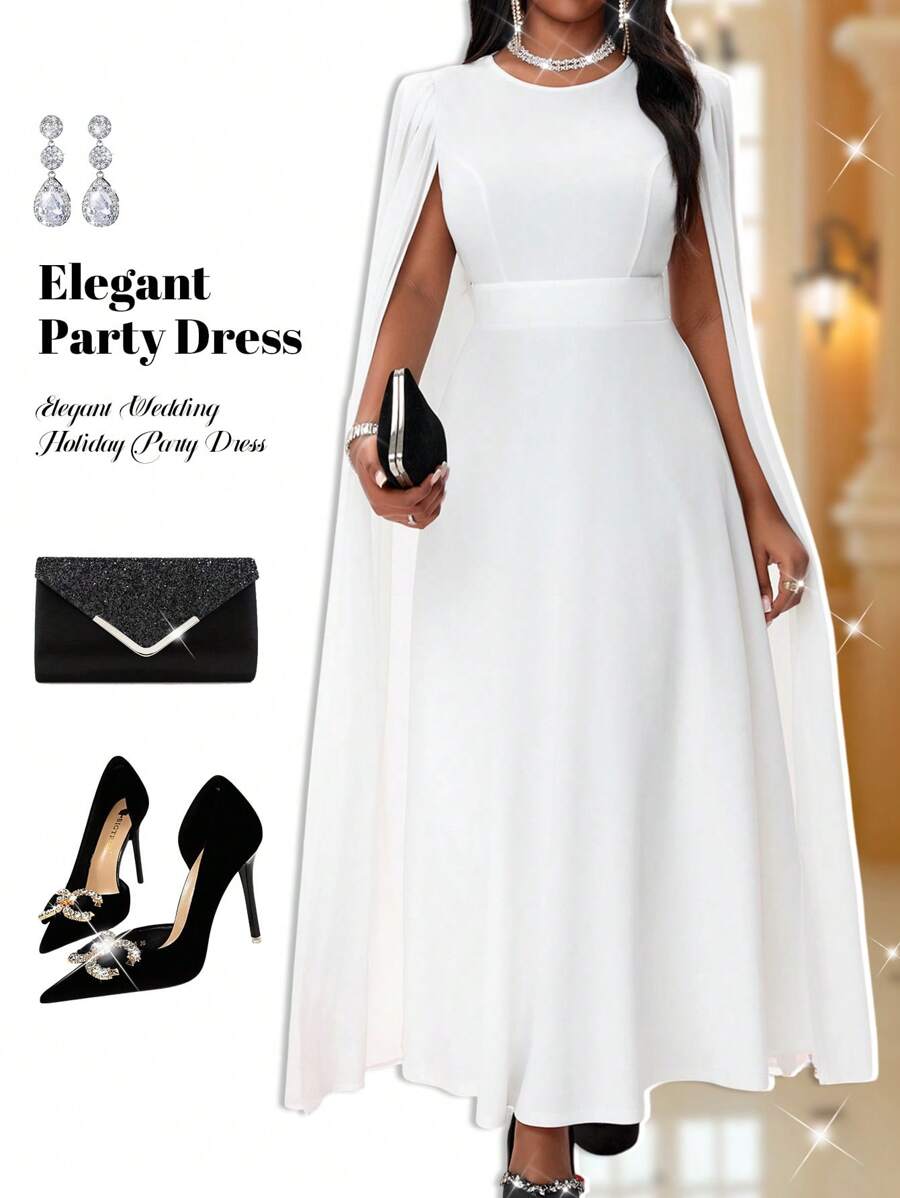 Fleurora Robe longue à col rond en tricot blanc, manche évasée, grande taille élégante, pour soirée, mariage, Saint-Valentin, cocktail, concert/festival de musique, printemps, été, automne, hiver