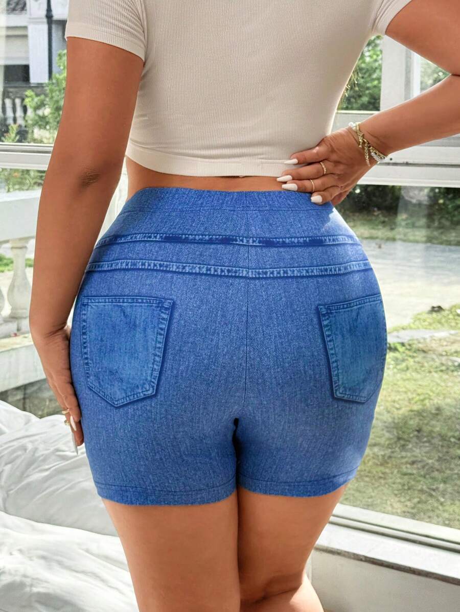 Flirla Pantalones cortos tipo legging de talla grande con efecto estampado de denim para mujer