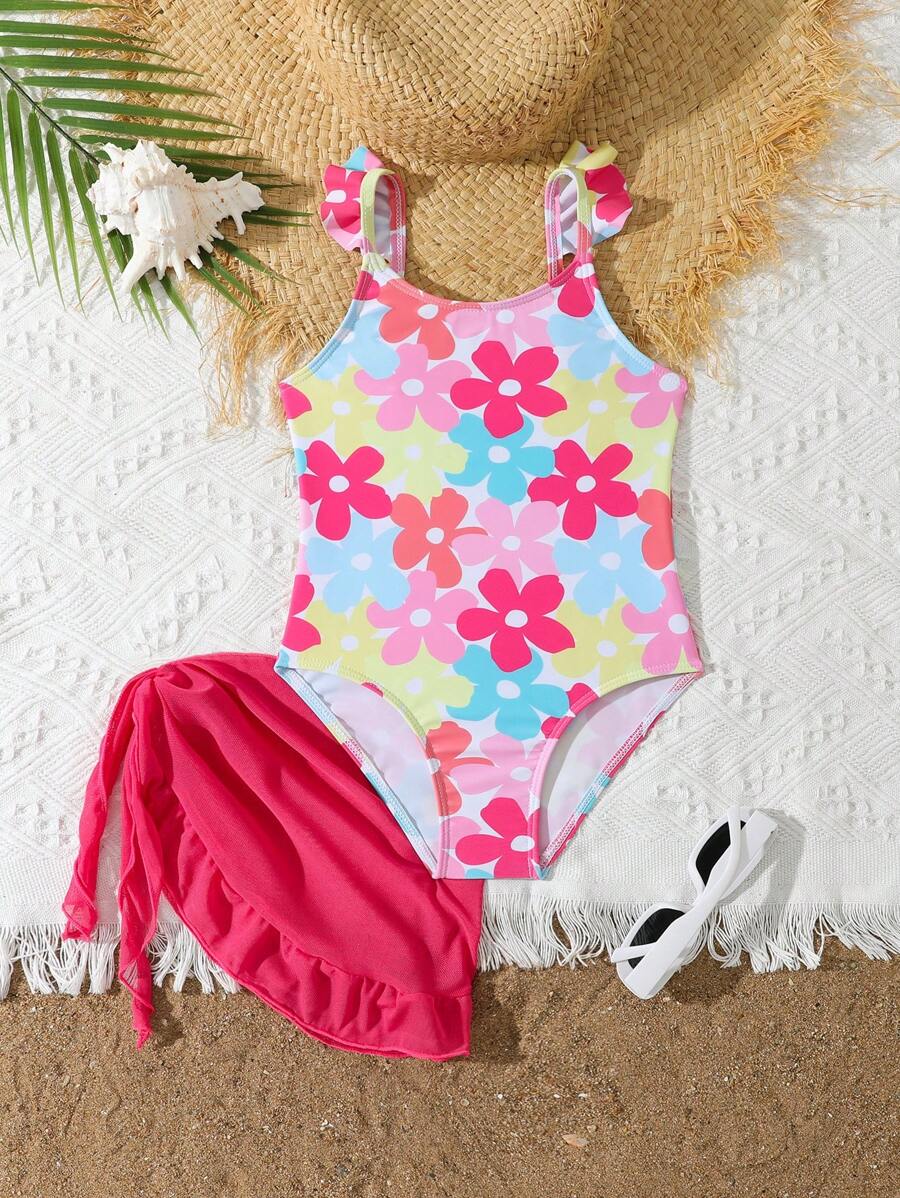 Traje de baño una pieza con falda cubrembreras y volantes con estampado floral para niña, patrón impreso al azar