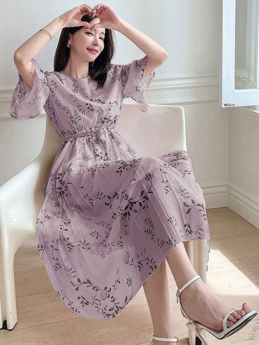 DAZY Women's Elegant Allover Print Pleated Dress, Spring/Summer Floral Sundress