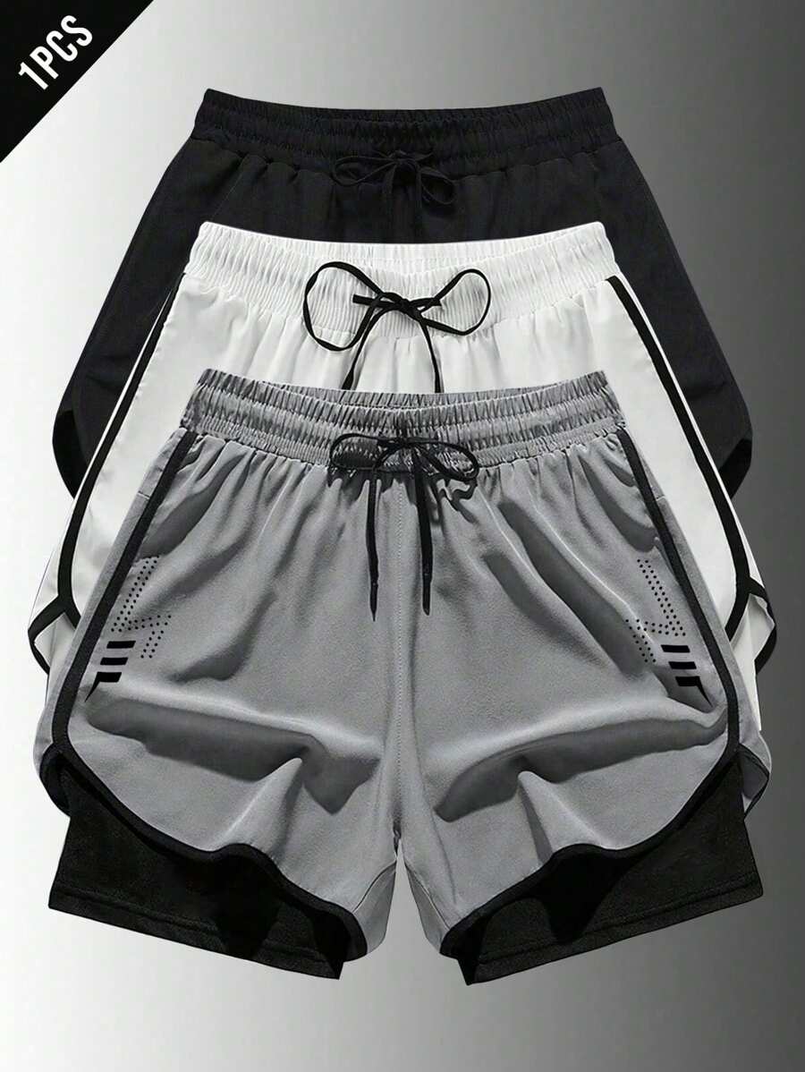 Manfinity Sport PWRUP Men's Striped Print Drawstring Waist Pockets Sports Shorts Grey Shorts