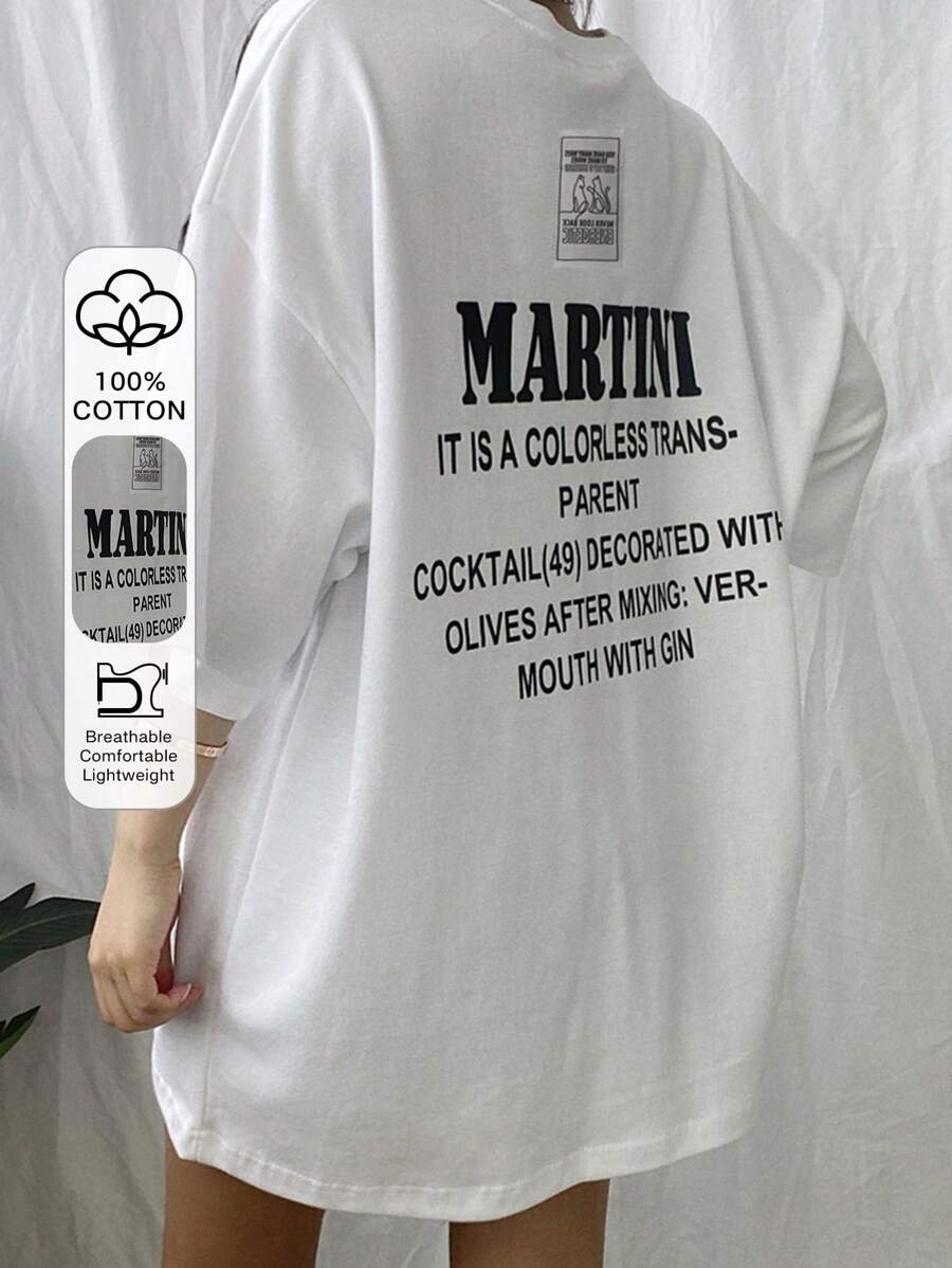 DAZY Camiseta suelta de verano para mujer, con estampado de eslogan, hombros caídos y cuello redondo. Es un cóctel transparente y sin color decorado con aceitunas después de mezclar vermut con ginebra. Camiseta oversize con estampa gráfica