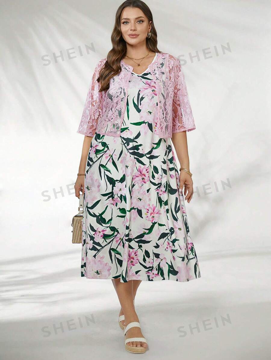 SHEIN Clasi Conjunto de 2 piezas para mujer talla grande: Cárdigan de encaje y vestido sin mangas con estampado floral de cuello en V