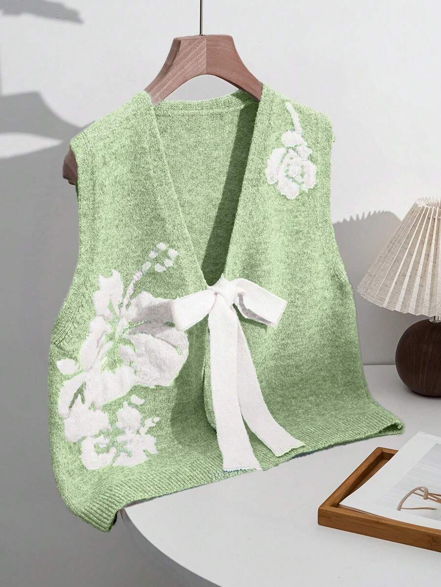 Sweetra Chaleco casual versátil y lindo con lazo y estampado floral en color caqui para mujer, apto para otoño/invierno