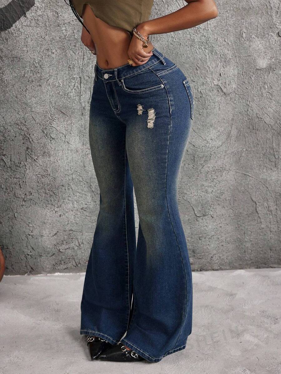 SHEIN ICON Jeans casuales y versátiles con bolsillo y efecto desgastado para mujer