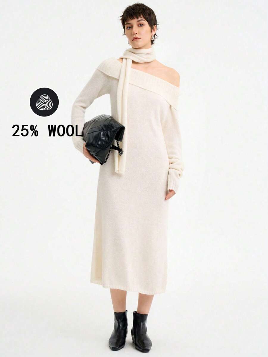 Aalyst Women Casual Asymmetric Collar Solid Color Knitted Sweater Dress, Autumn/Winter