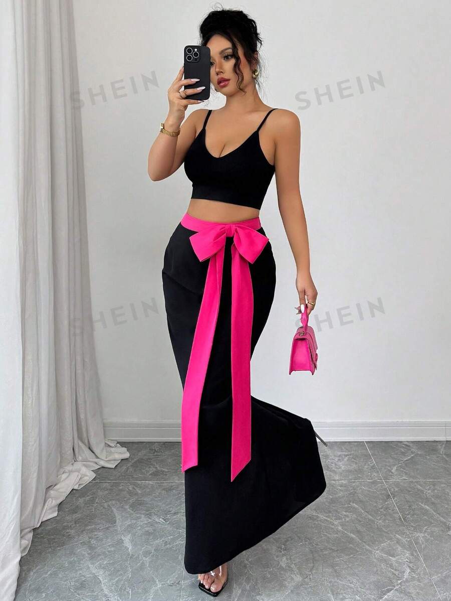 Elenzga Falda midi recta de cintura alta elegante con acento de lazo y contraste de color, versátil para el trabajo y el día a día