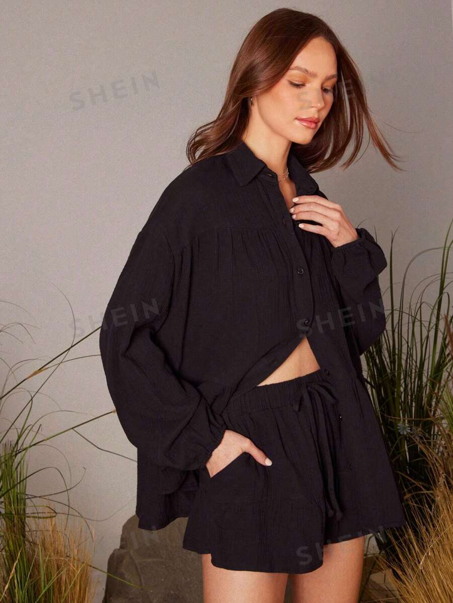 WESTFADE Conjunto de 2 piezas de vacaciones de primavera con camisa ancha abotonada con volantes y shorts con cordón y lazo frontal a media cintura con volantes