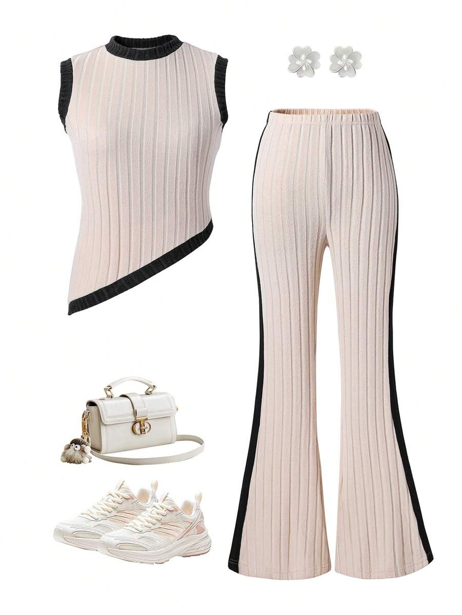 Lunivi Conjunto de 2 piezas de top sin mangas y pantalones acampanados de estilo coreano para niñas de tallas grandes