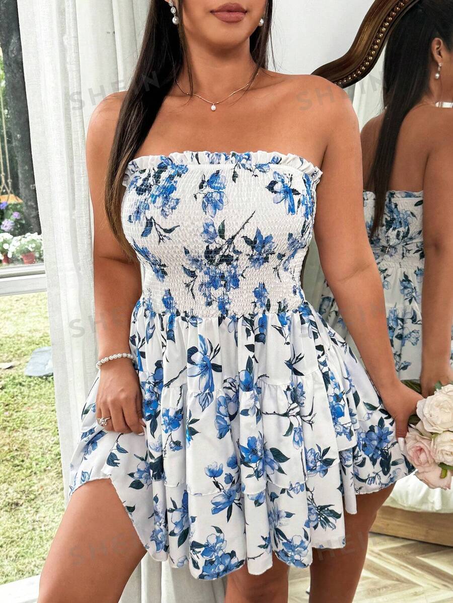 Sunnyshic Vestido tipo tarta con estampado floral sin tirantes y elástico de doble capa para mujeres de talla grande, color azul