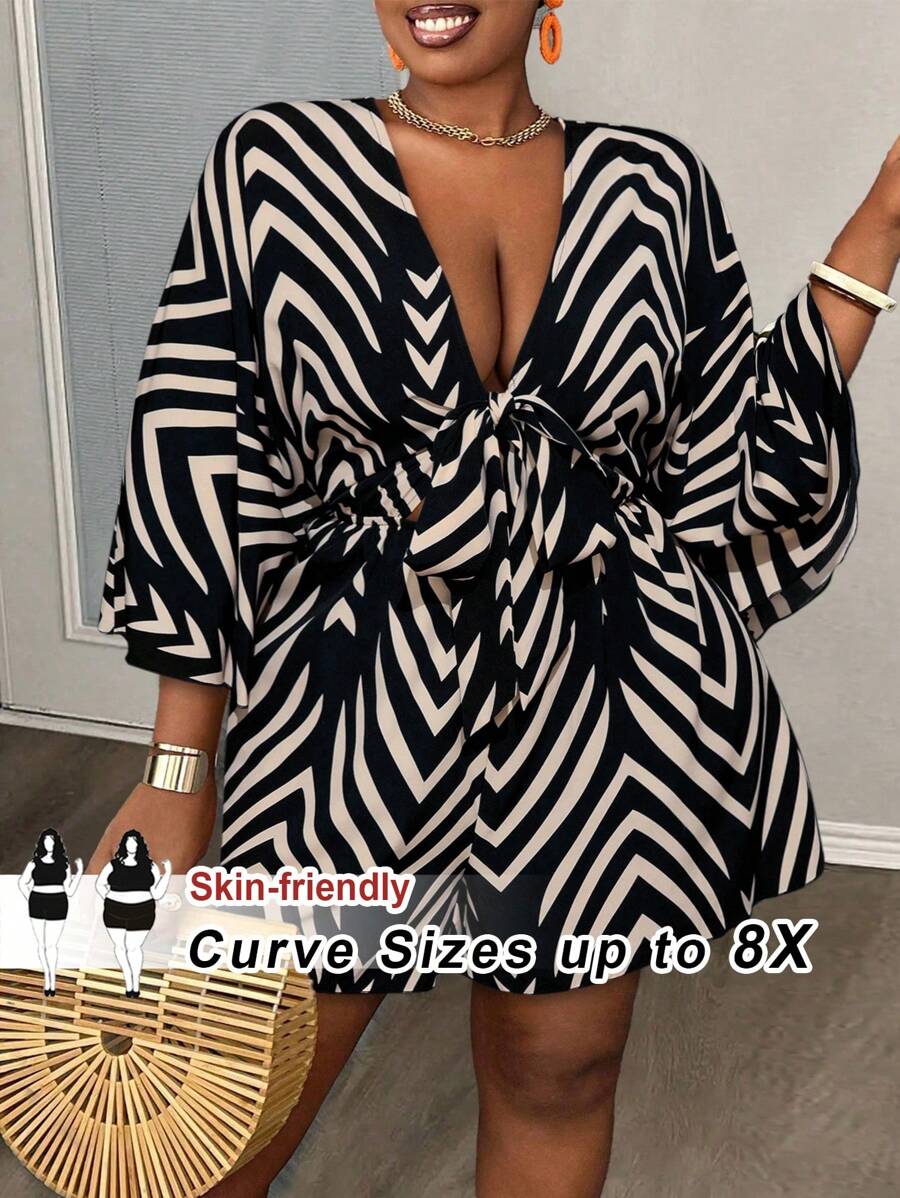 SHEIN CURVE+ Plus Size Women Holiday Casual V-Neck Loose Printed Jumpsuit With Tie Belt,Valentines,Rose,Heart,Polka Dot,Love,Lip,Cupid,3D Flower