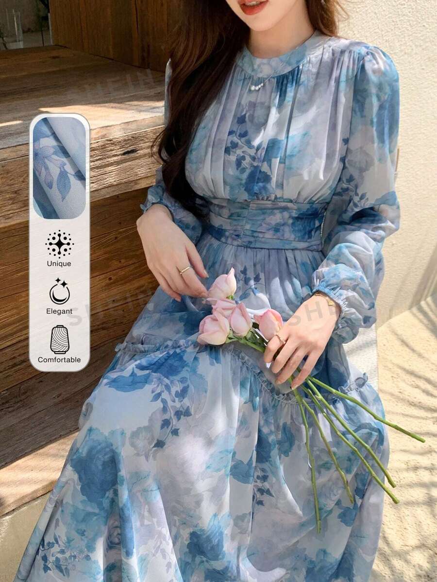 DAZY Vestido de manga larga ajustado a la cintura con estampado floral aleatorio y volantes para mujer