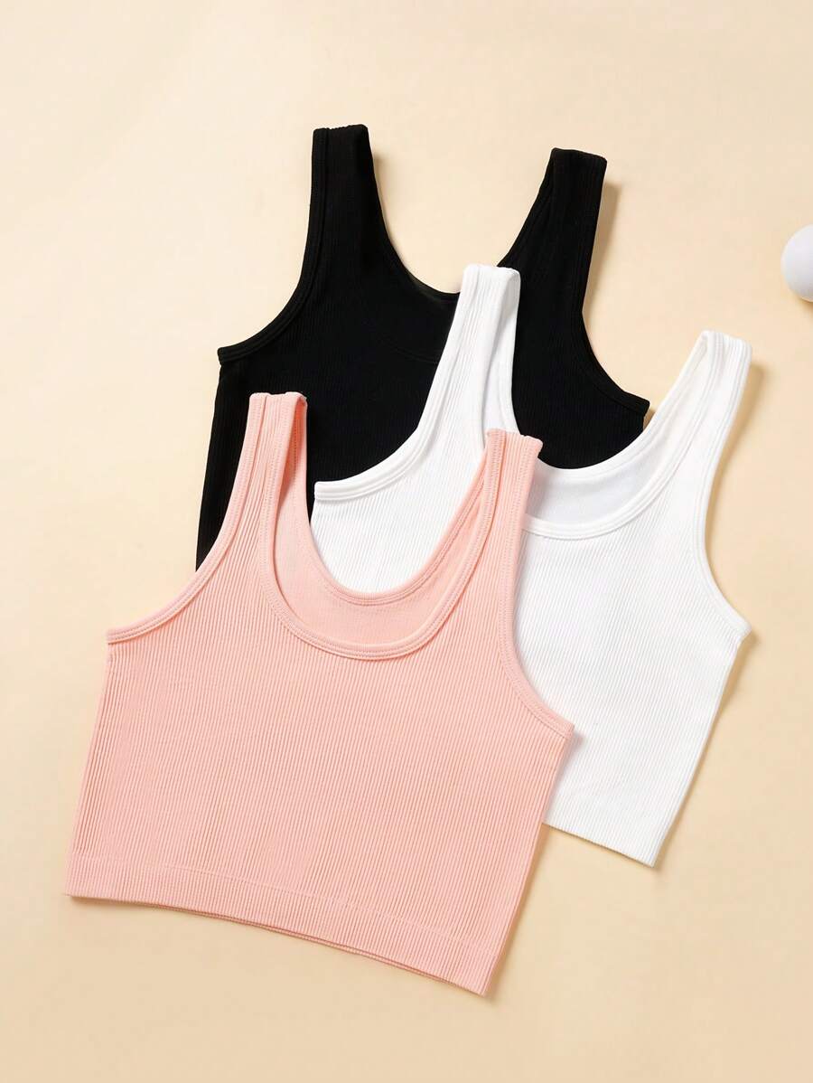 3pcs Tween Girls' All-Match Solid Color Camisole, Casual Versatile