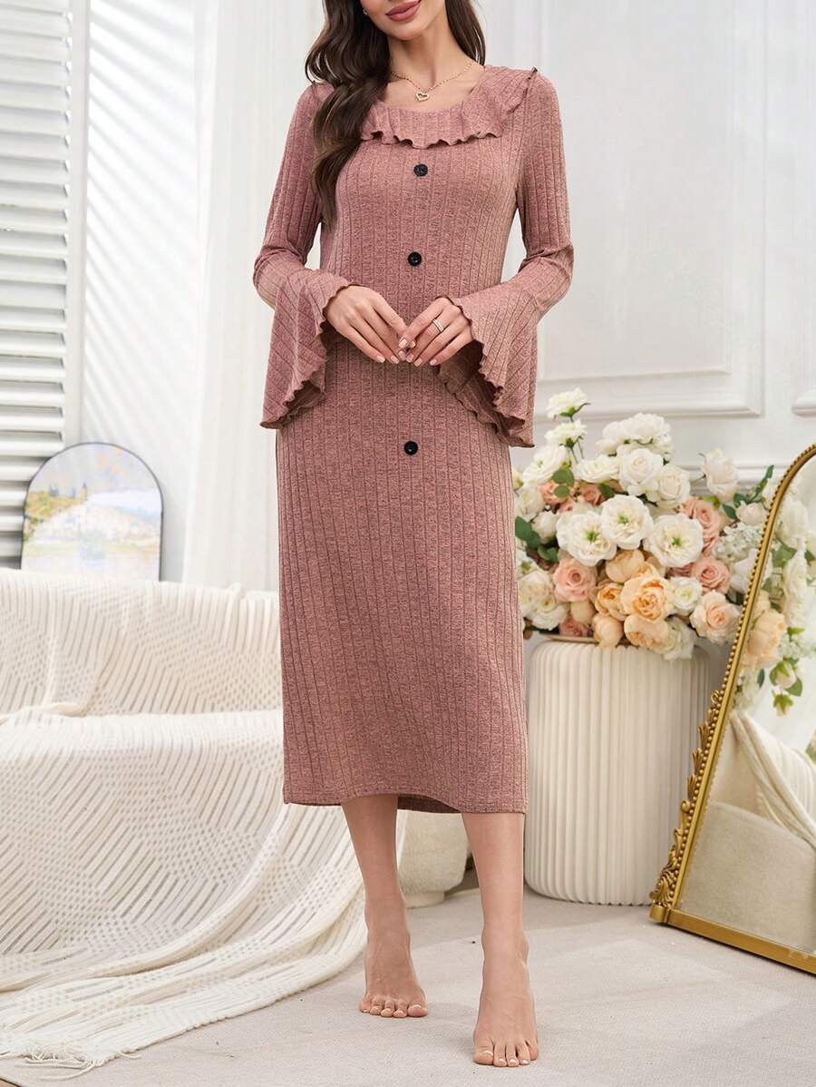 Vestido de estar en casa casual con cuello Peter Pan y volantes en el bajo para mujer