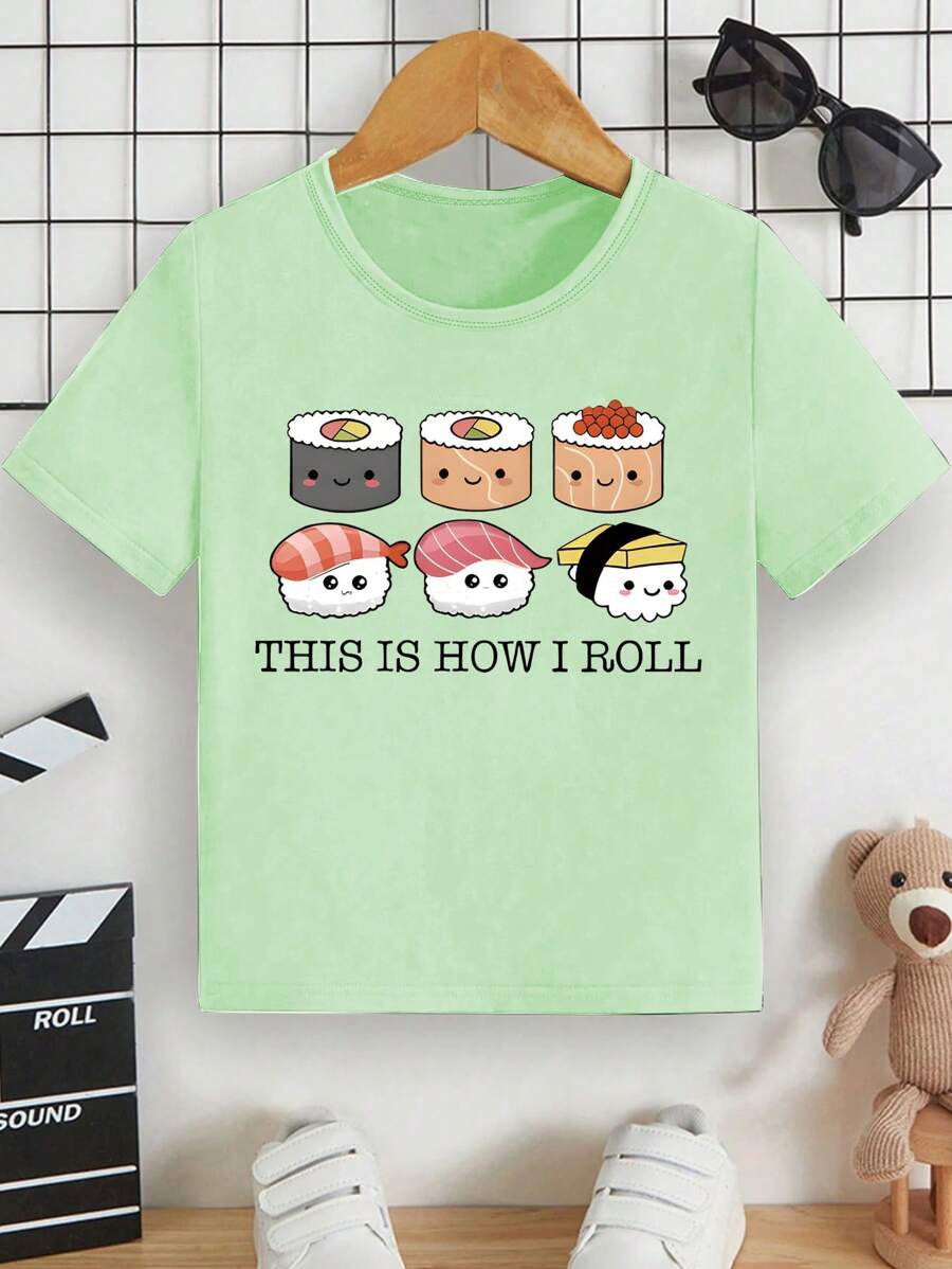 Cute Cartoon Sushi Graphic Casual Minimalist Style Printed Comfortable T-Shirt For Boys, Suitable For Summer, School & Sports