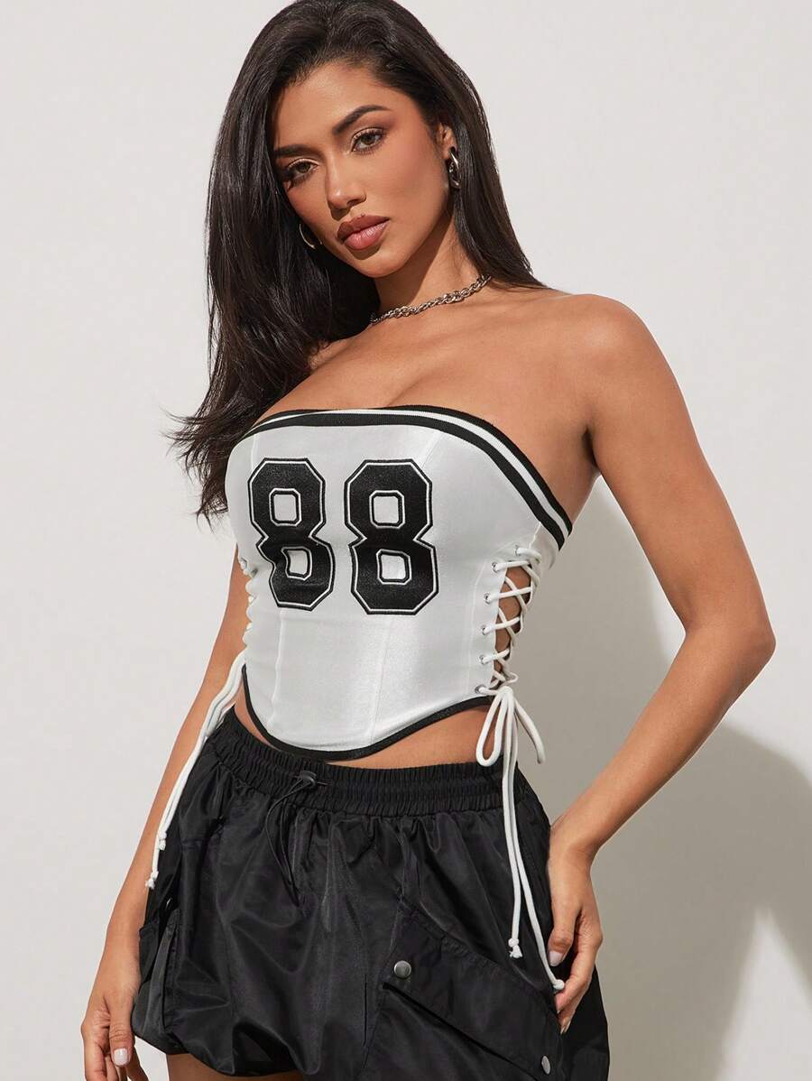 Denimoi Women Asymmetric Hem Side Tie Camisole Top With Numeric Printing