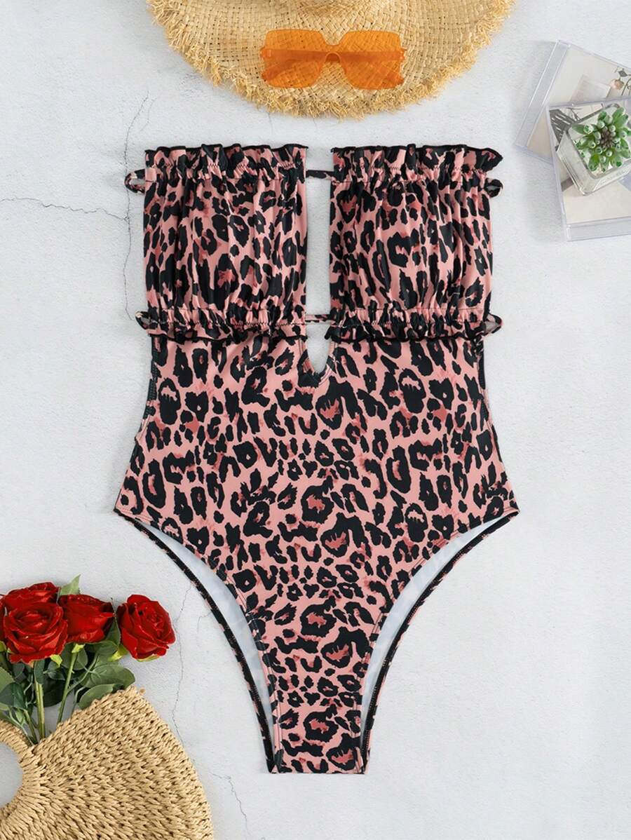 SHEIN VCAY 1 pieza Traje de baño tipo monokini con estampado de leopardo, minimalista y de moda, adecuado para vacaciones en la playa en verano