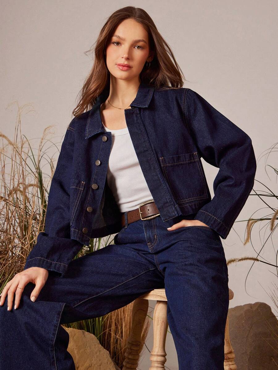 WESTFADE Collared Button Front Patch Pockets Cropped Long Sleeve Denim Jacket