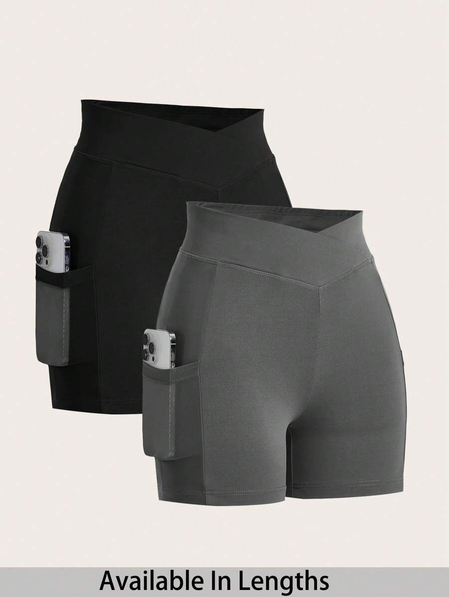 SHEIN PETITE CURVE Set de 2 leggings casuales de unicolor ajustados para mujer de talla grande, adecuados para el verano