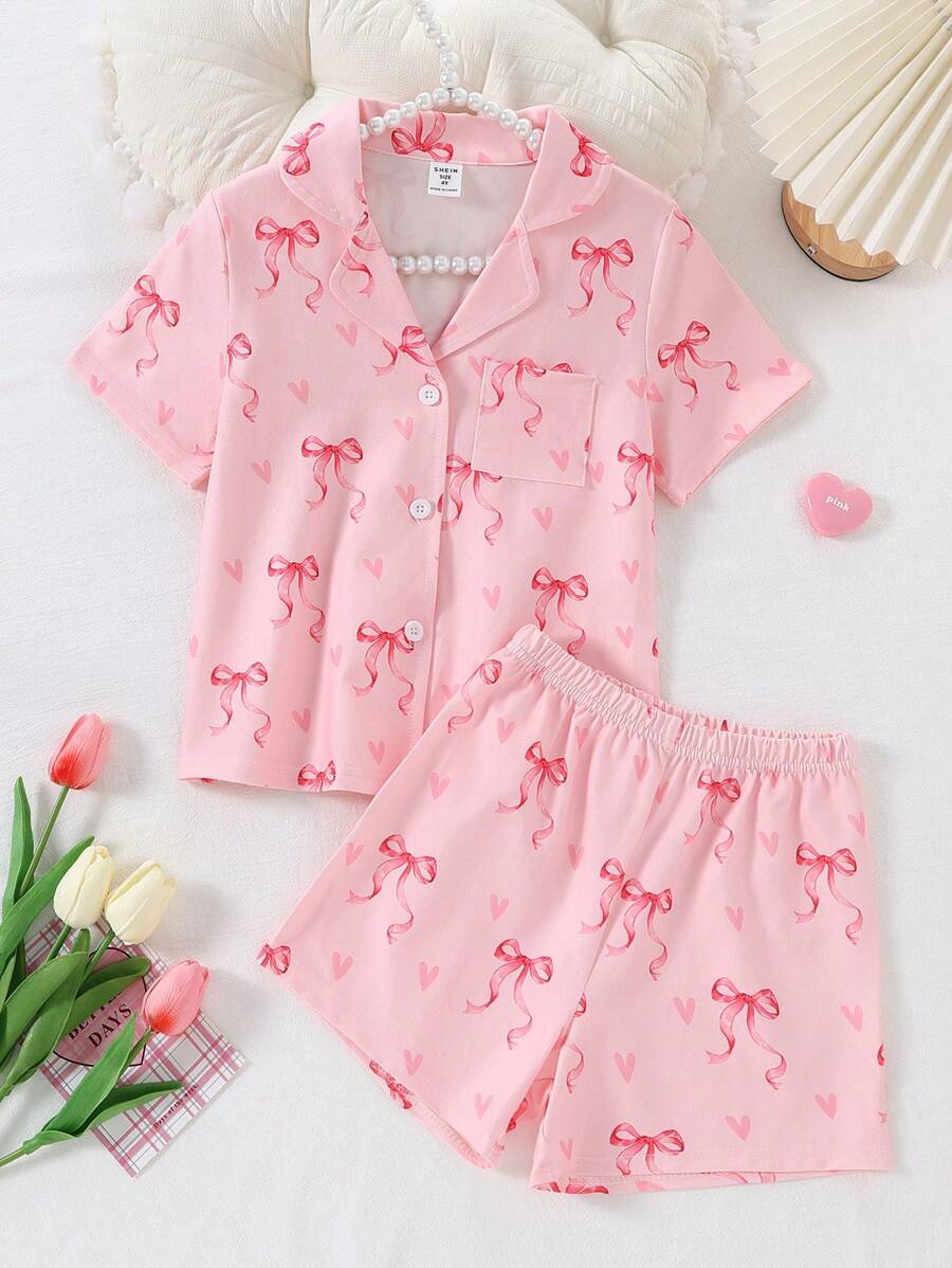 Set de 2 piezas de pijama informal para niña joven con cardigan de manga corta con decoración de lazo rosa y shorts
