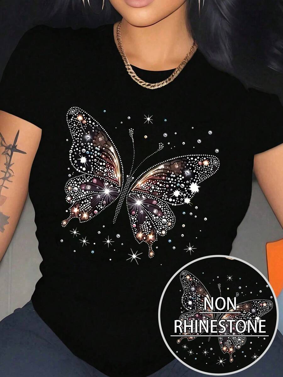 SHEIN CURVE+ Maglietta casual da donna taglie forti con scollo tondo, maniche corte e stampa a farfalla con strass